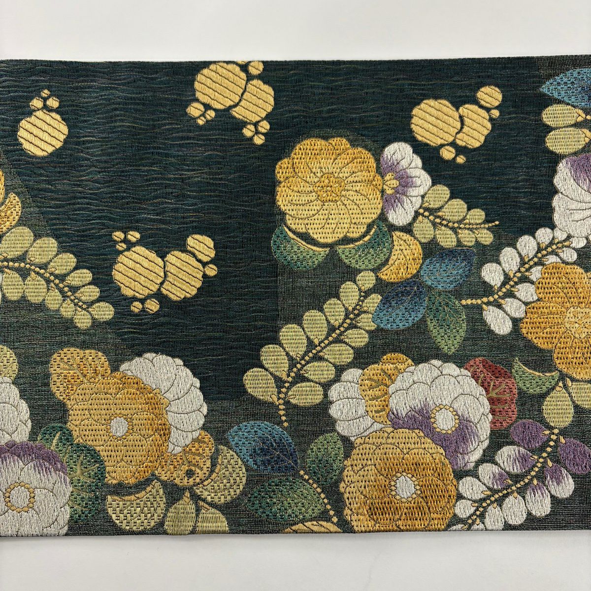 【美品】 袋帶 秀品級 草花紋 金糸 深綠 六通 純蠶絲