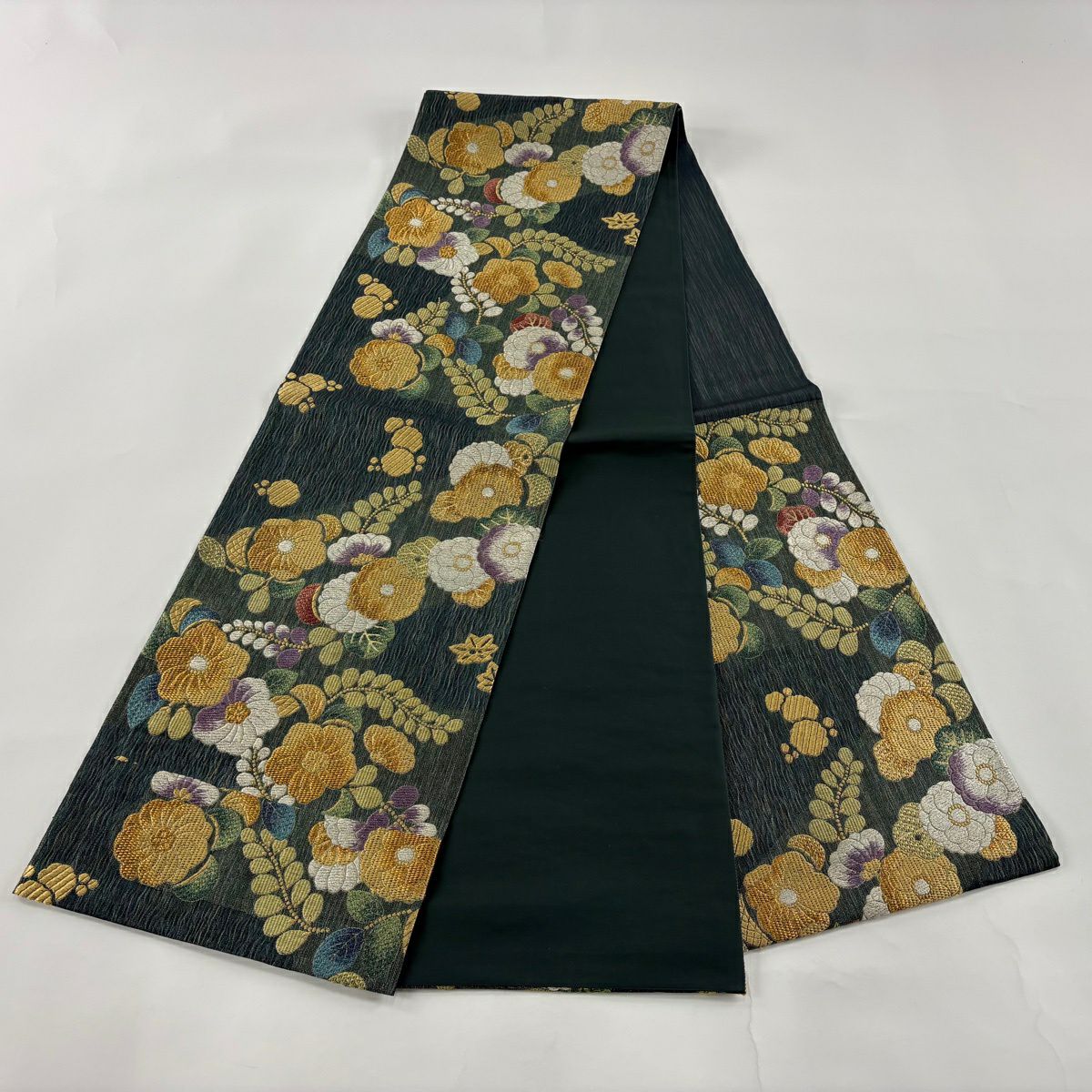 【美品】 袋帶 秀品級 草花紋 金糸 深綠 六通 純蠶絲