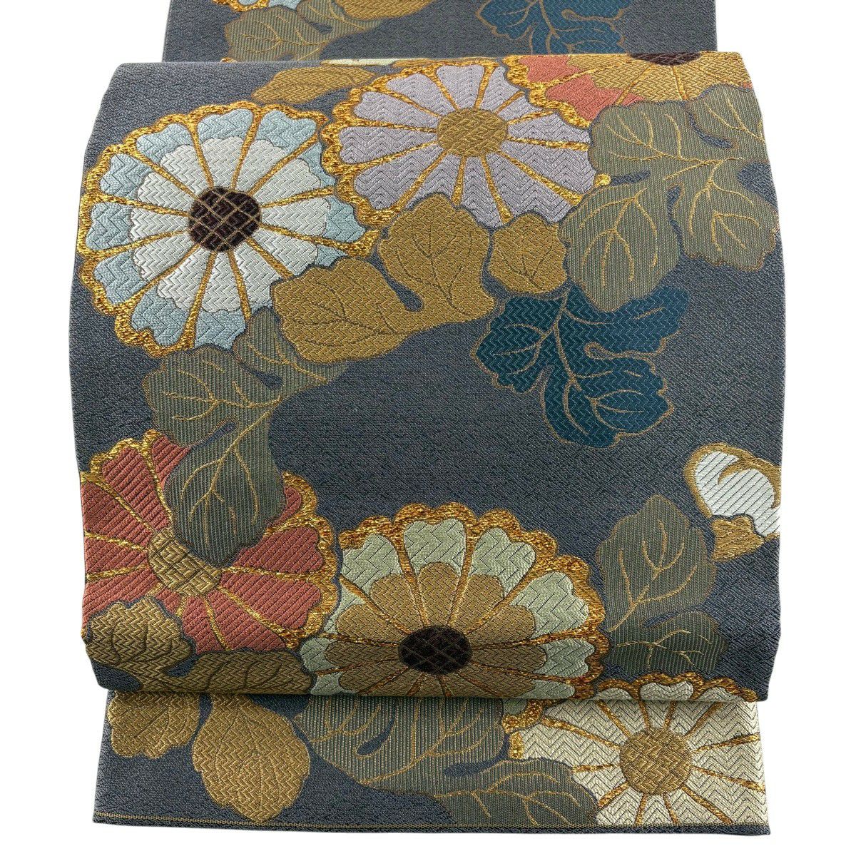 【美品】 袋帶 秀品級 菊花 金糸 金金箔 灰紫 六通 純蠶絲
