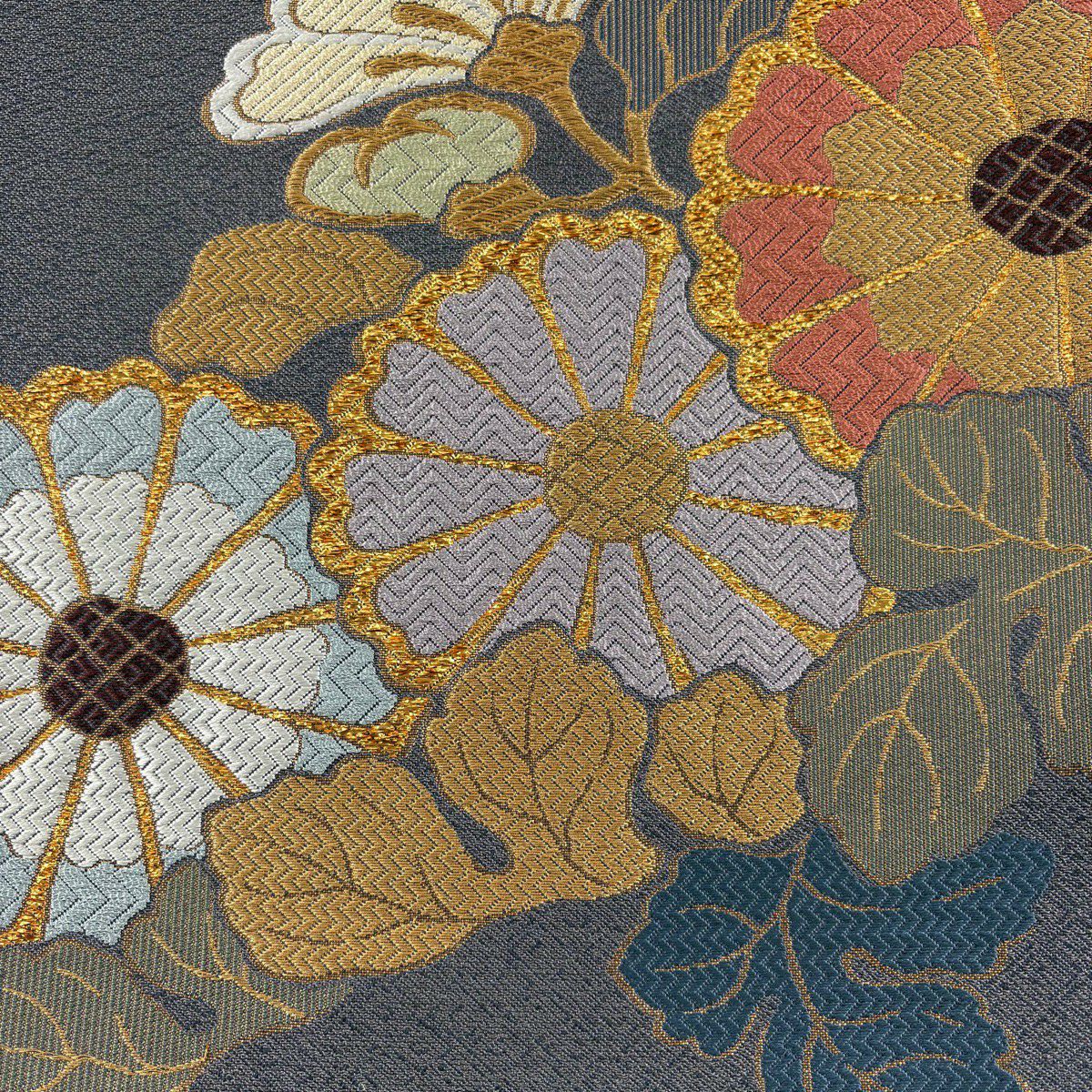 【美品】 袋帶 秀品級 菊花 金糸 金金箔 灰紫 六通 純蠶絲