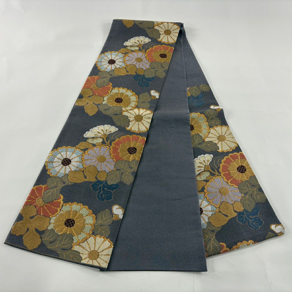 【美品】 袋帶 秀品級 菊花 金糸 金金箔 灰紫 六通 純蠶絲