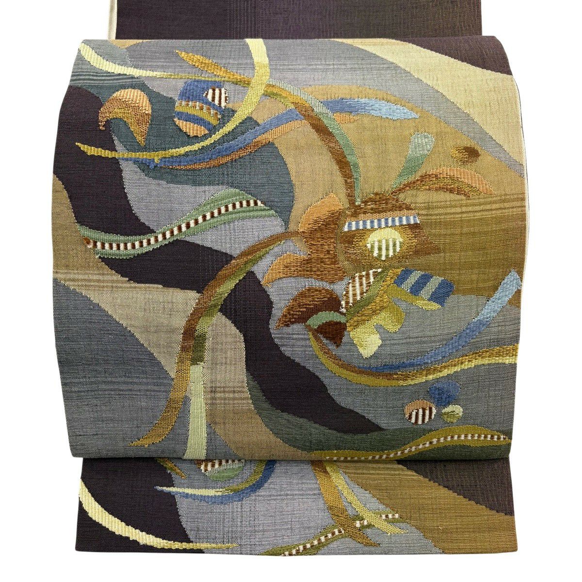 【美品】 袋帶 秀品級 山並 花 紫 お太鼓圖案 純蠶絲