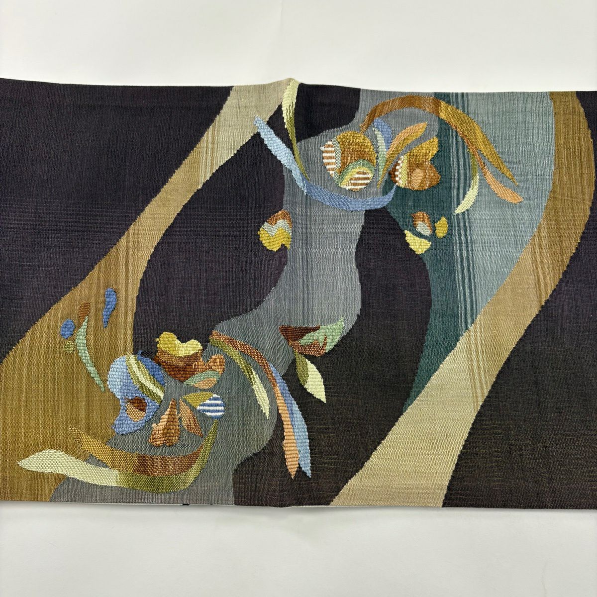 【美品】 袋帶 秀品級 山並 花 紫 お太鼓圖案 純蠶絲
