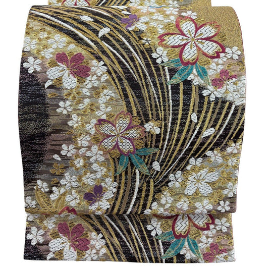【美品】 袋帶 優品級 振袖禮服禮服用 櫻花花瓣 金絲 金金箔 金色 六通 純蠶絲