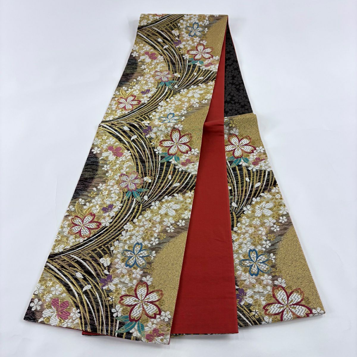【美品】 袋帶 優品級 振袖禮服禮服用 櫻花花瓣 金絲 金金箔 金色 六通 純蠶絲