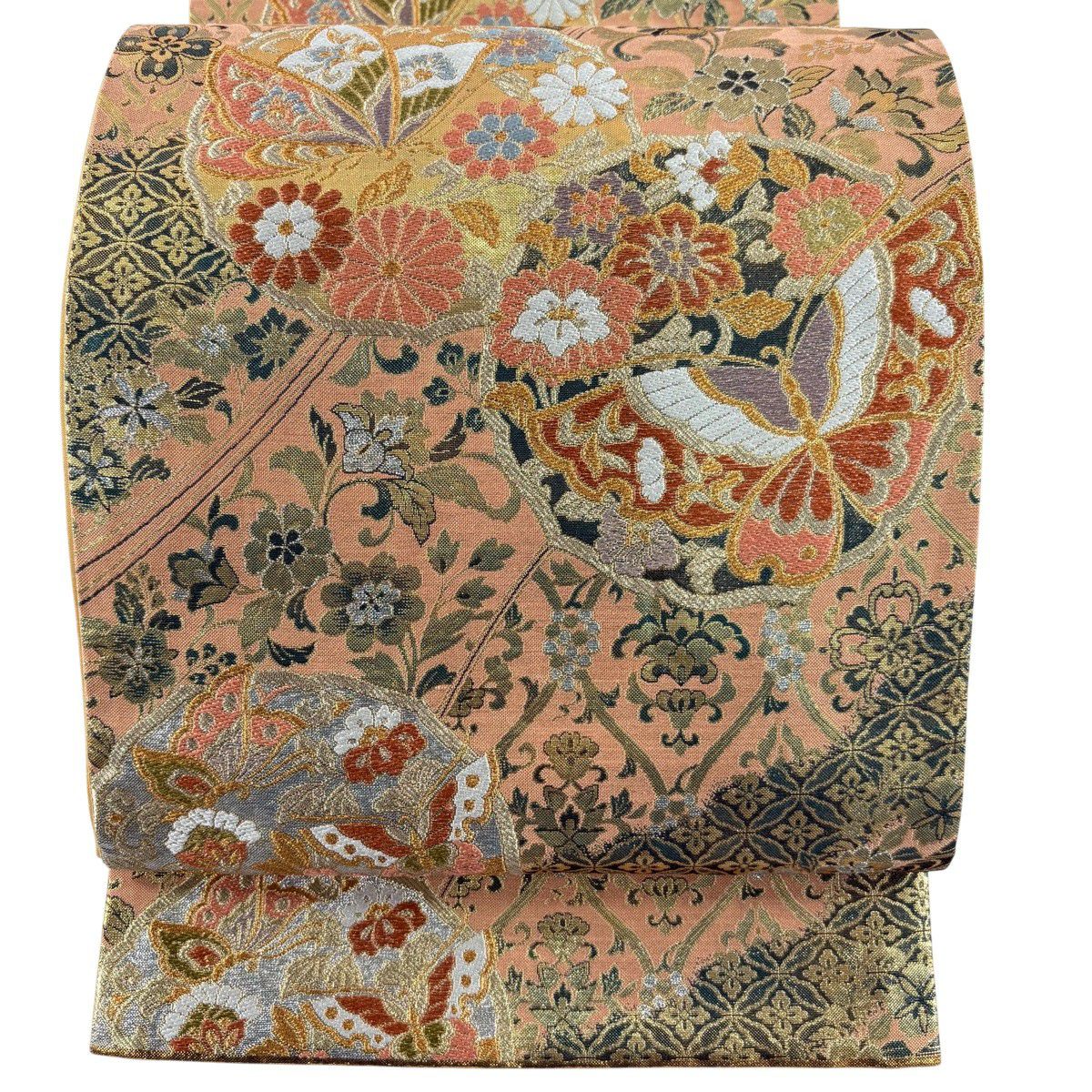 【美品】 袋帶 秀品級 振袖禮服禮服用 蝶 草花紋 金糸 金金箔 粉米色 六通 純蠶絲