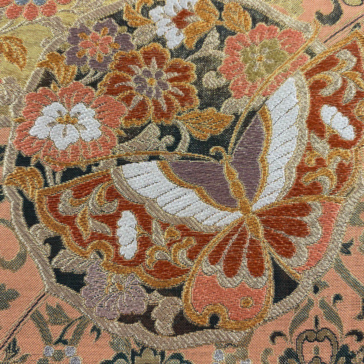 【美品】 袋帶 秀品級 振袖禮服禮服用 蝶 草花紋 金糸 金金箔 粉米色 六通 純蠶絲