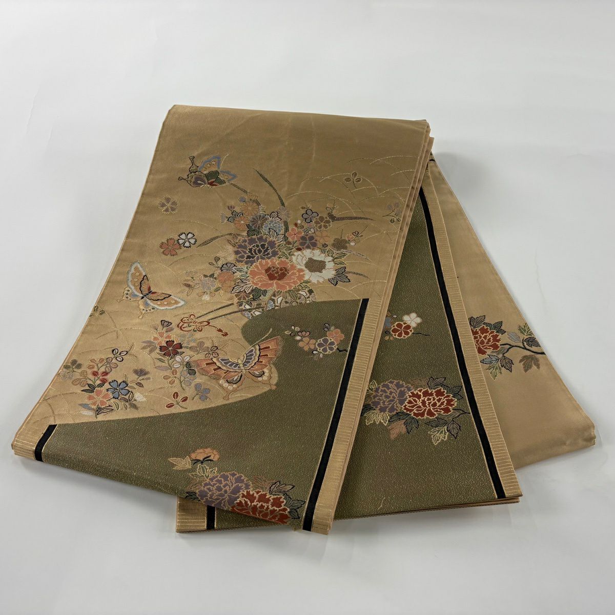 袋帶 秀品級 浪漫織 花車 蝶 金金箔 灰綠 大鼓圖案 純蠶絲