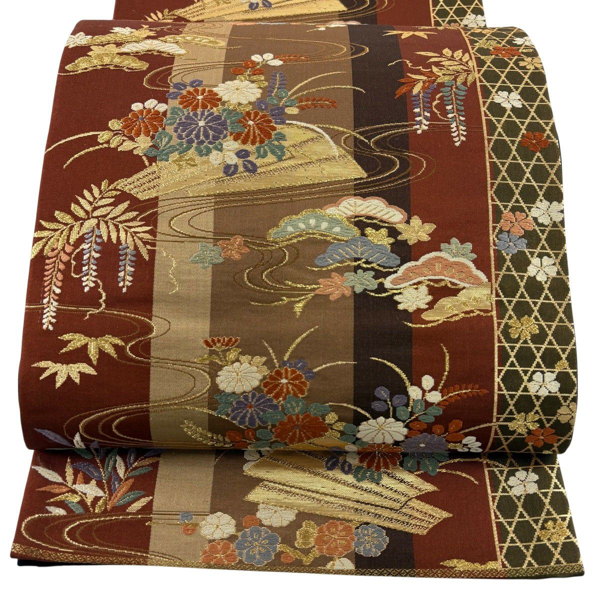 袋帶 秀品級 松樹竹子梅花 菊花 金絲 唐織 紅茶 六通 純蠶絲