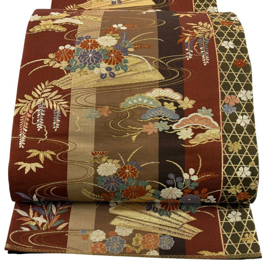 袋帶 秀品級 松樹竹子梅花 菊花 金絲 唐織 紅茶 六通 純蠶絲