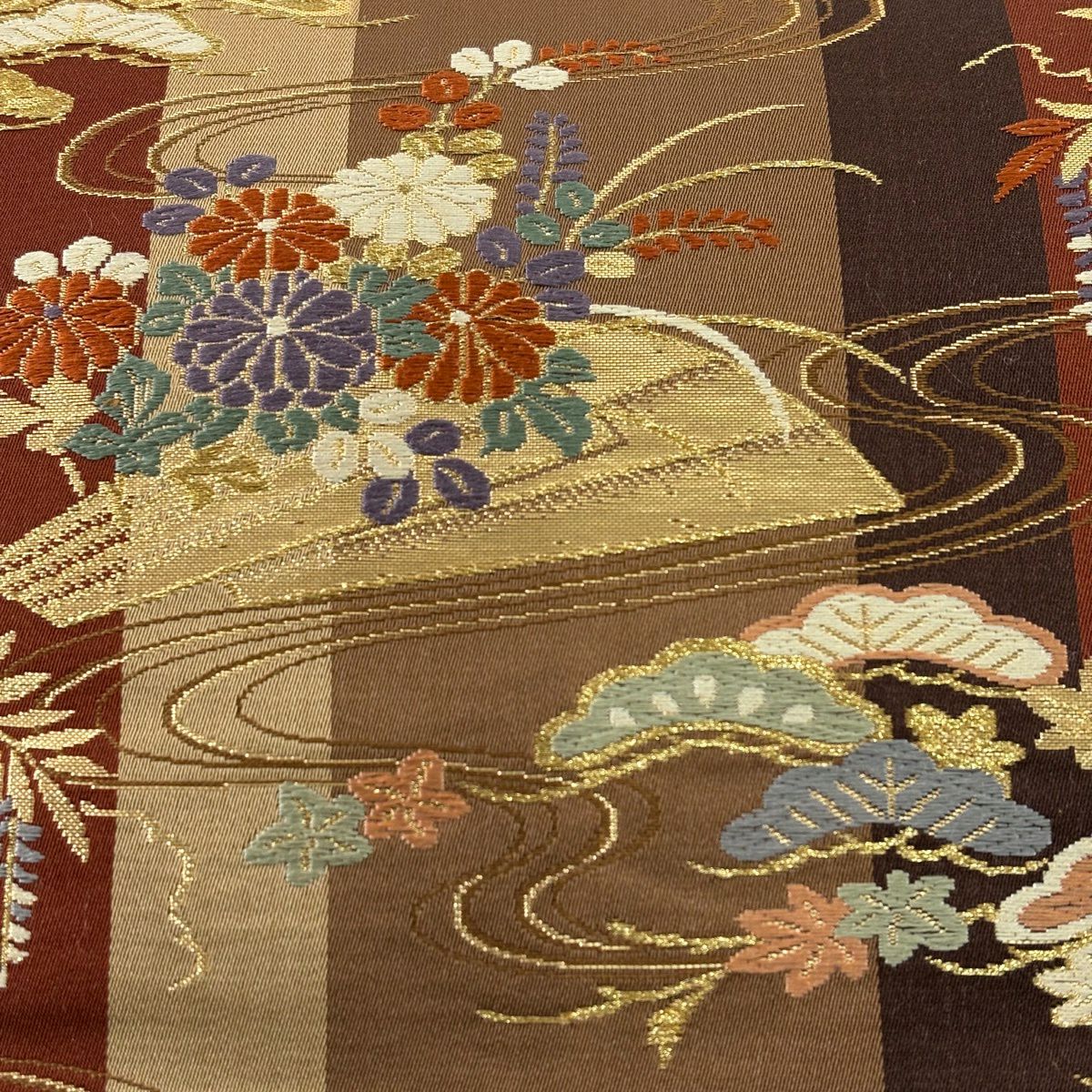 袋帶 秀品級 松樹竹子梅花 菊花 金絲 唐織 紅茶 六通 純蠶絲
