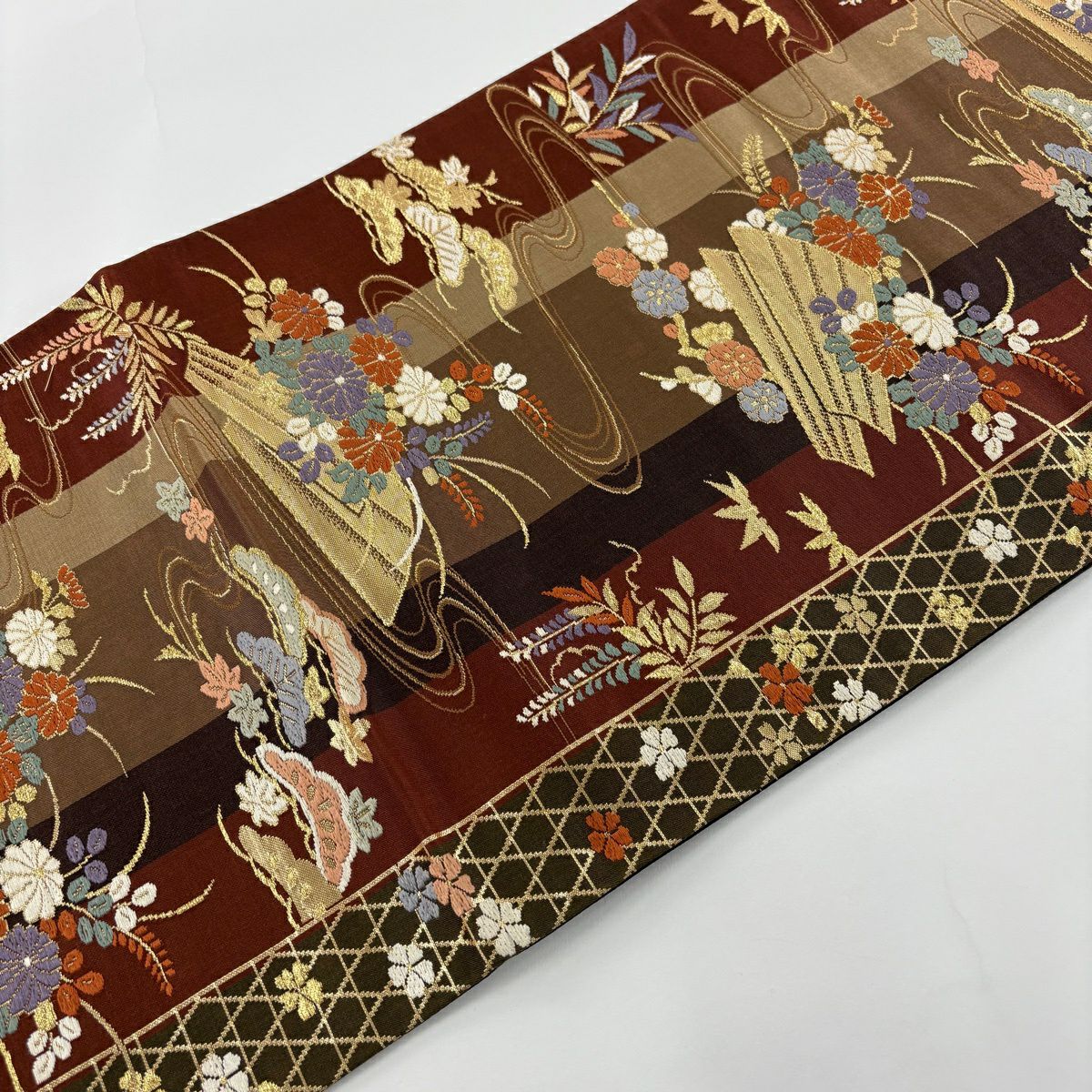 袋帶 秀品級 松樹竹子梅花 菊花 金絲 唐織 紅茶 六通 純蠶絲