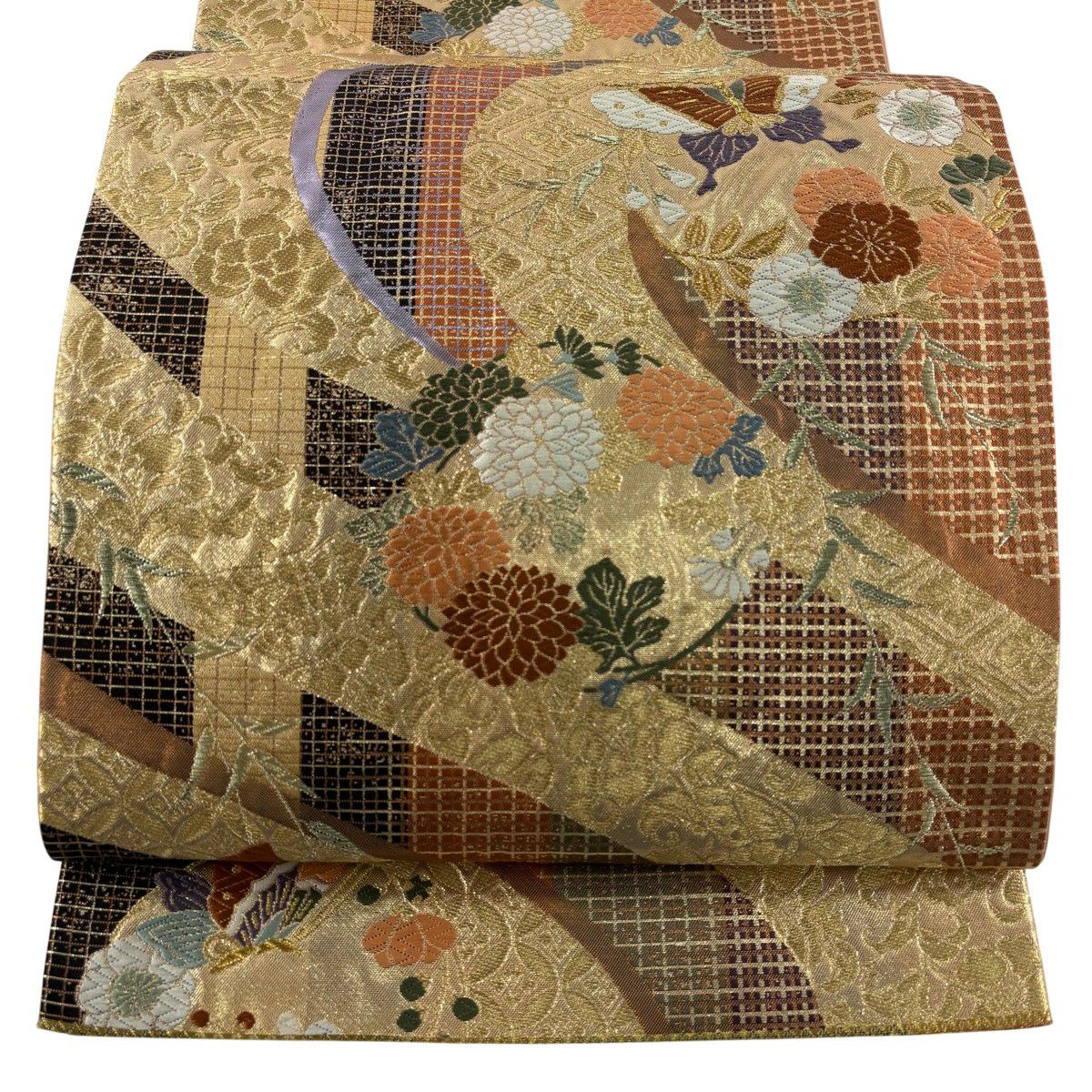 【美品】 袋帶 秀品級 振袖禮服禮服用 花丸紋 蝴蝶 金絲 唐織 金色 六通 純蠶絲