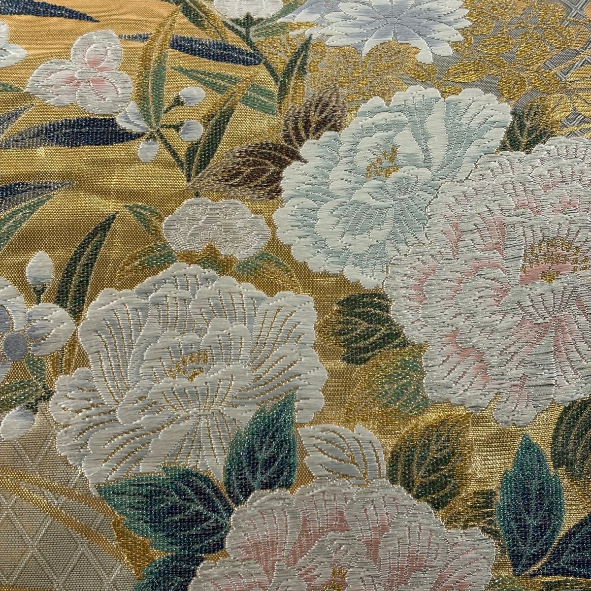 袋帶 秀品級 花丸紋 斜格子 金銀線 金金箔 米色 六通 純蠶絲