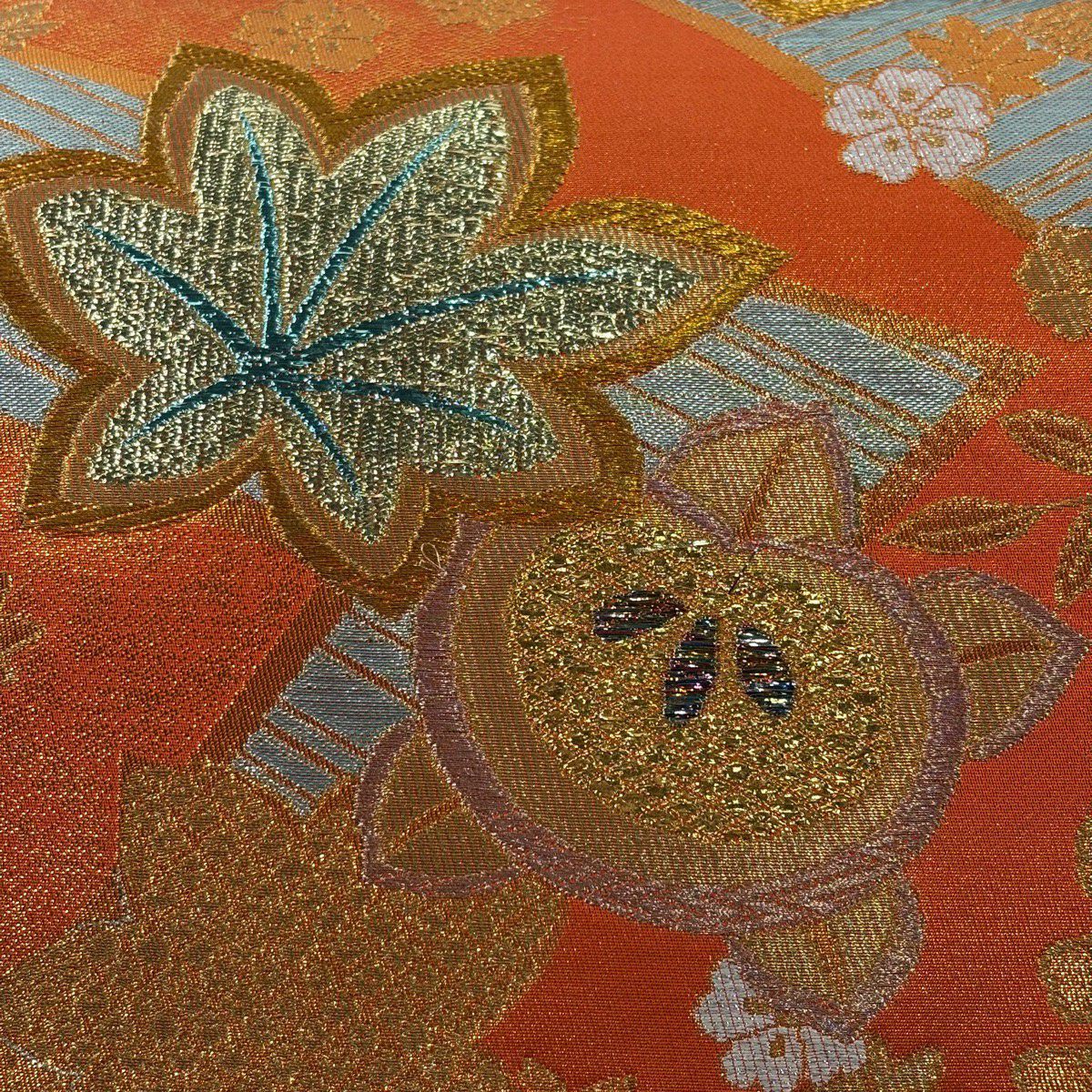 袋帶 秀品級 關西仕立 金銀彩華飾紋 金絲 金金箔 橙色 六通 純蠶絲