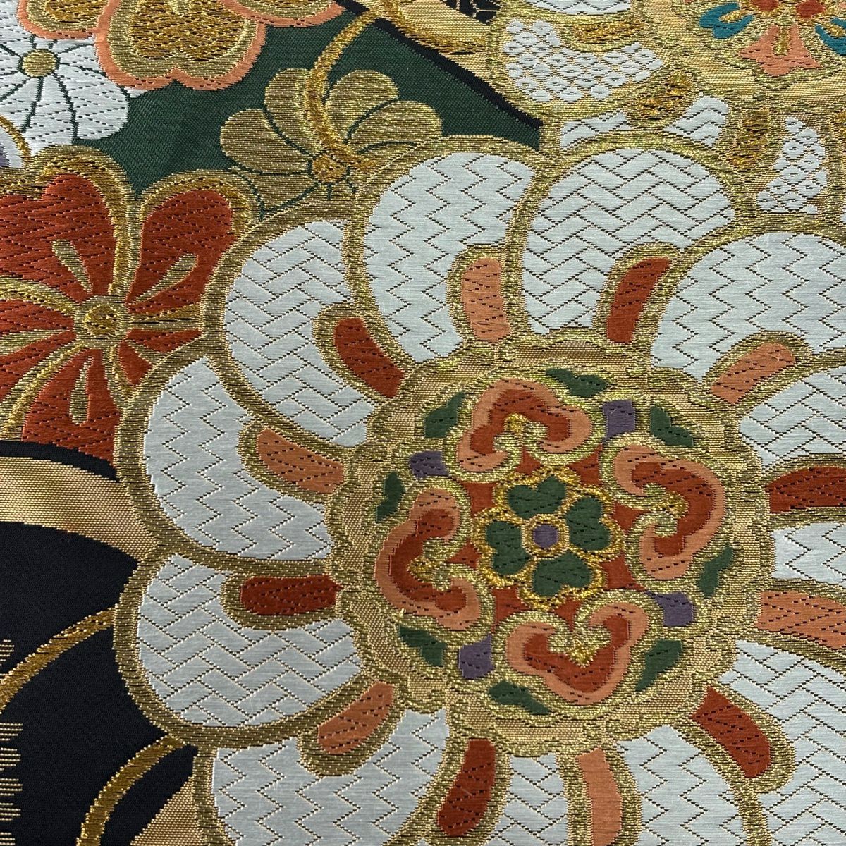 袋帶 秀品級 花唐草紋 組紐 金絲 唐織 黑 六通 純蠶絲