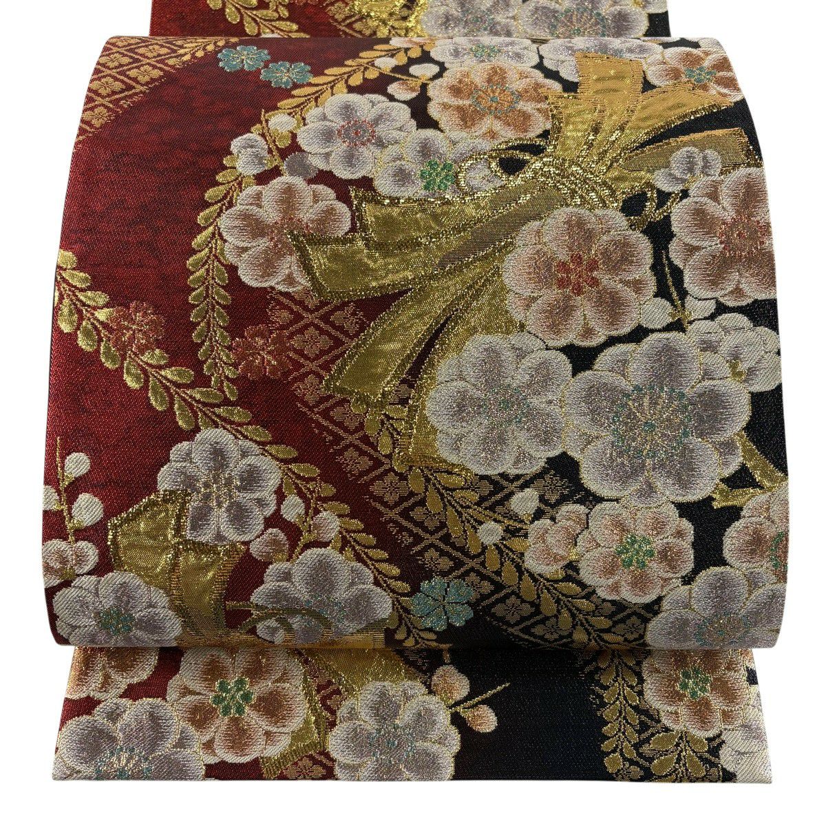 【美品】 袋帶 秀品級 束帶熨斗紋 梅花 拉麵絲 金金箔 紅 六通 純蠶絲
