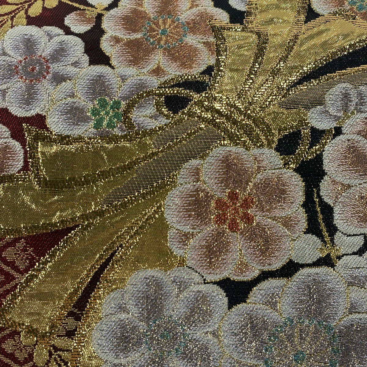 【美品】 袋帶 秀品級 束帶熨斗紋 梅花 拉麵絲 金金箔 紅 六通 純蠶絲