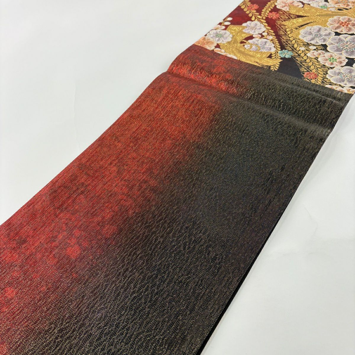 【美品】 袋帶 秀品級 束帶熨斗紋 梅花 拉麵絲 金金箔 紅 六通 純蠶絲