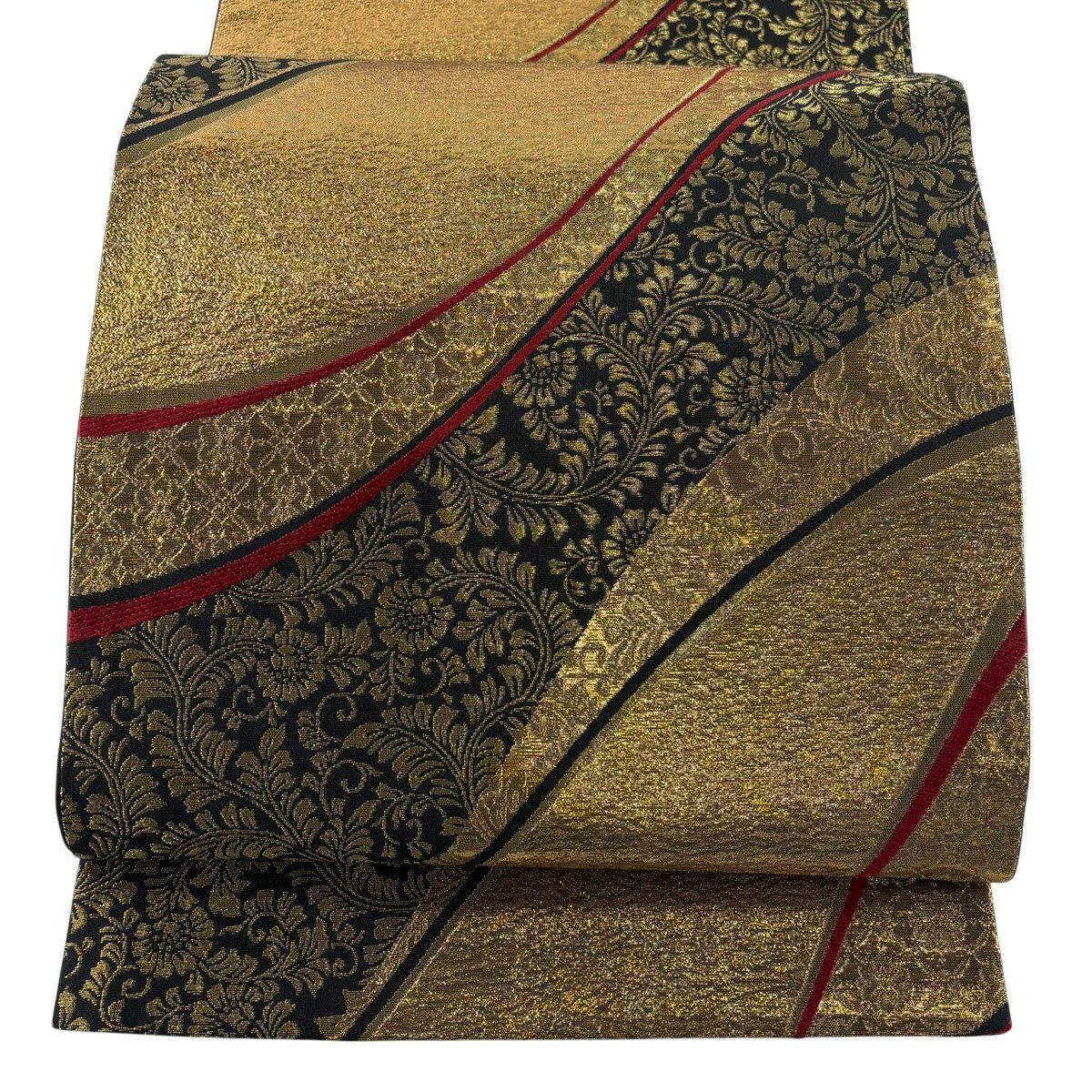 【美品】 袋帶 秀品級 花唐草紋 幾何學圖案 金金箔 金色 全通 純蠶絲