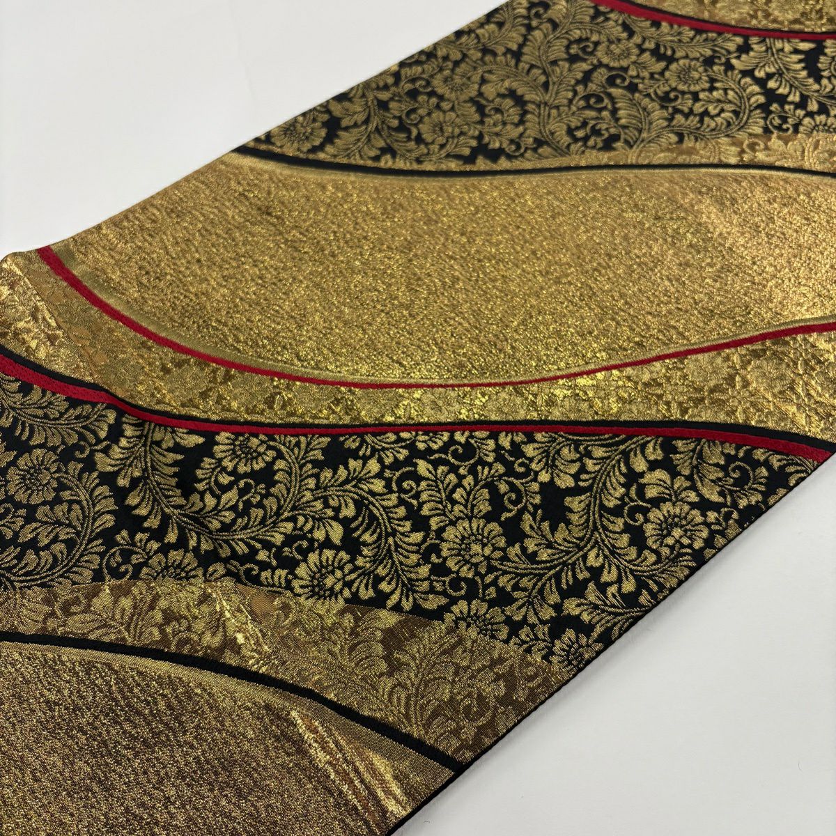 【美品】 袋帶 秀品級 花唐草紋 幾何學圖案 金金箔 金色 全通 純蠶絲