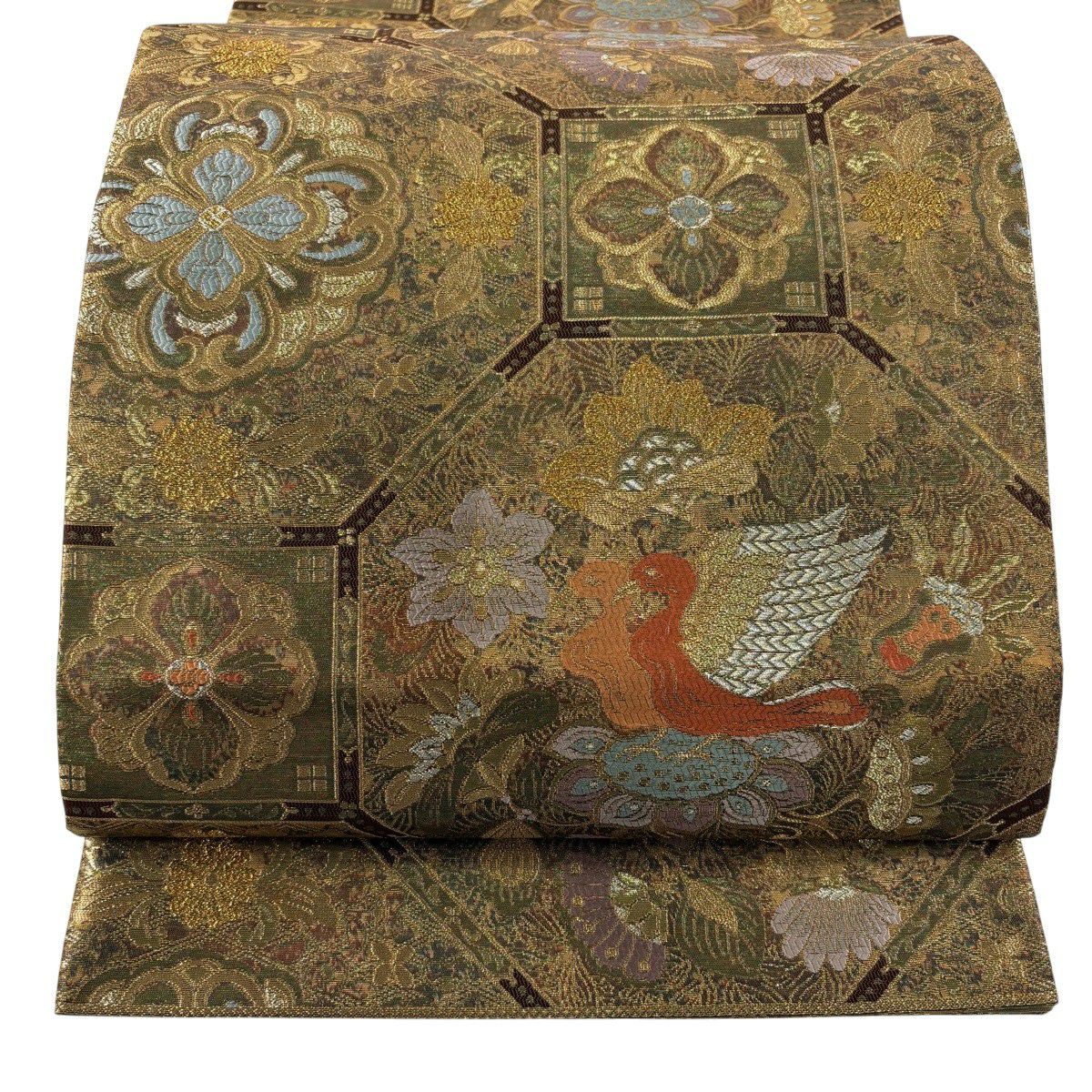 【美品】 袋帶 秀品級 關西仕立 蜀江文 鳥 金銀糸 金金箔 金茶 六通 純蠶絲