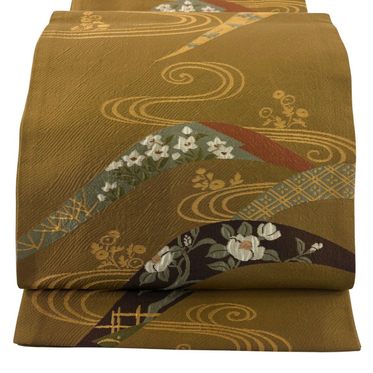 【美品】 袋帶 秀品級 草花紋紋 流水 茶 六通 純蠶絲