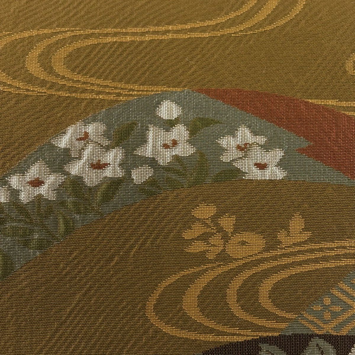 【美品】 袋帶 秀品級 草花紋紋 流水 茶 六通 純蠶絲
