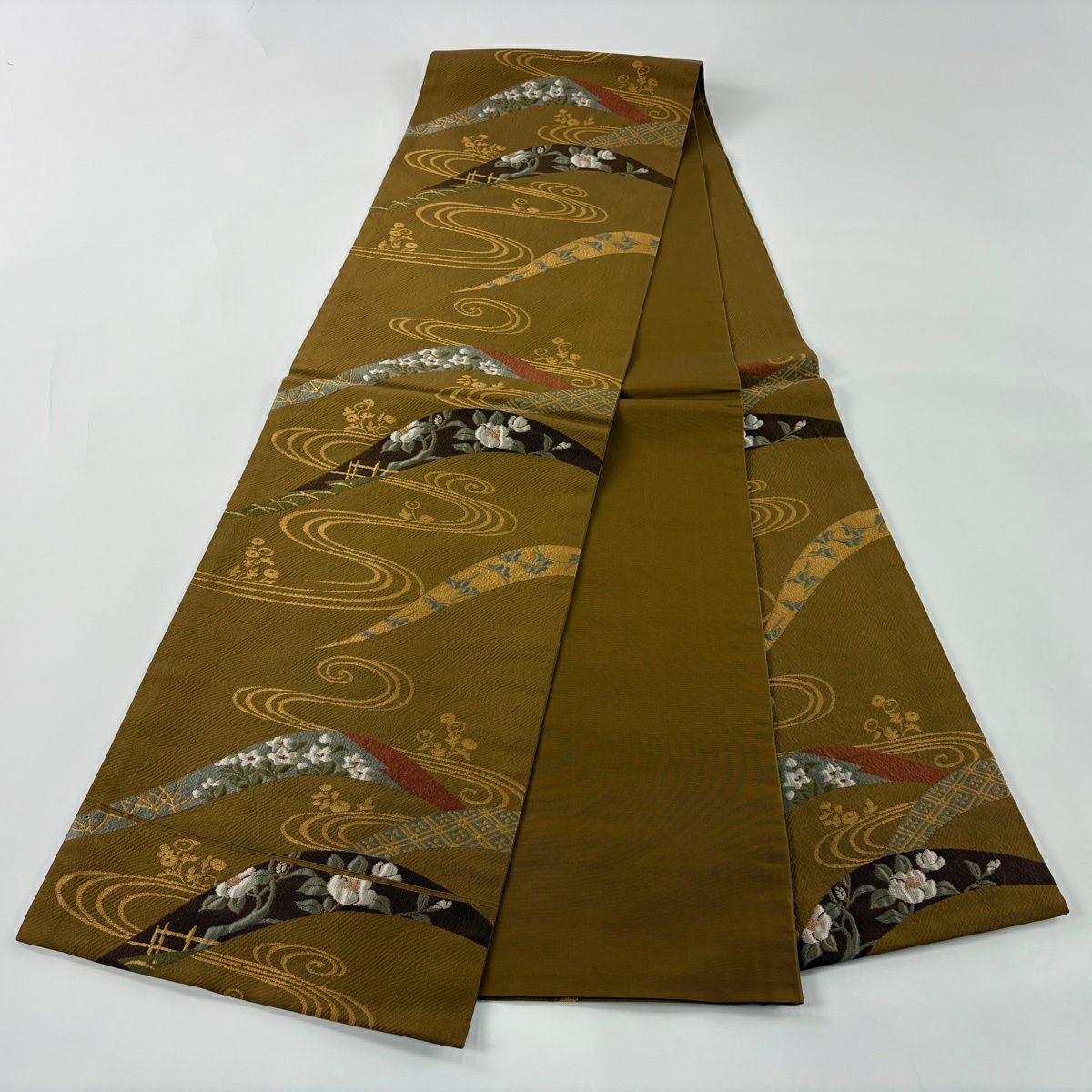 【美品】 袋帶 秀品級 草花紋紋 流水 茶 六通 純蠶絲