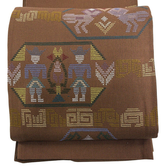 袋帶 秀品級 人物 動物 刺繡 茶 お太鼓紋 純蠶絲