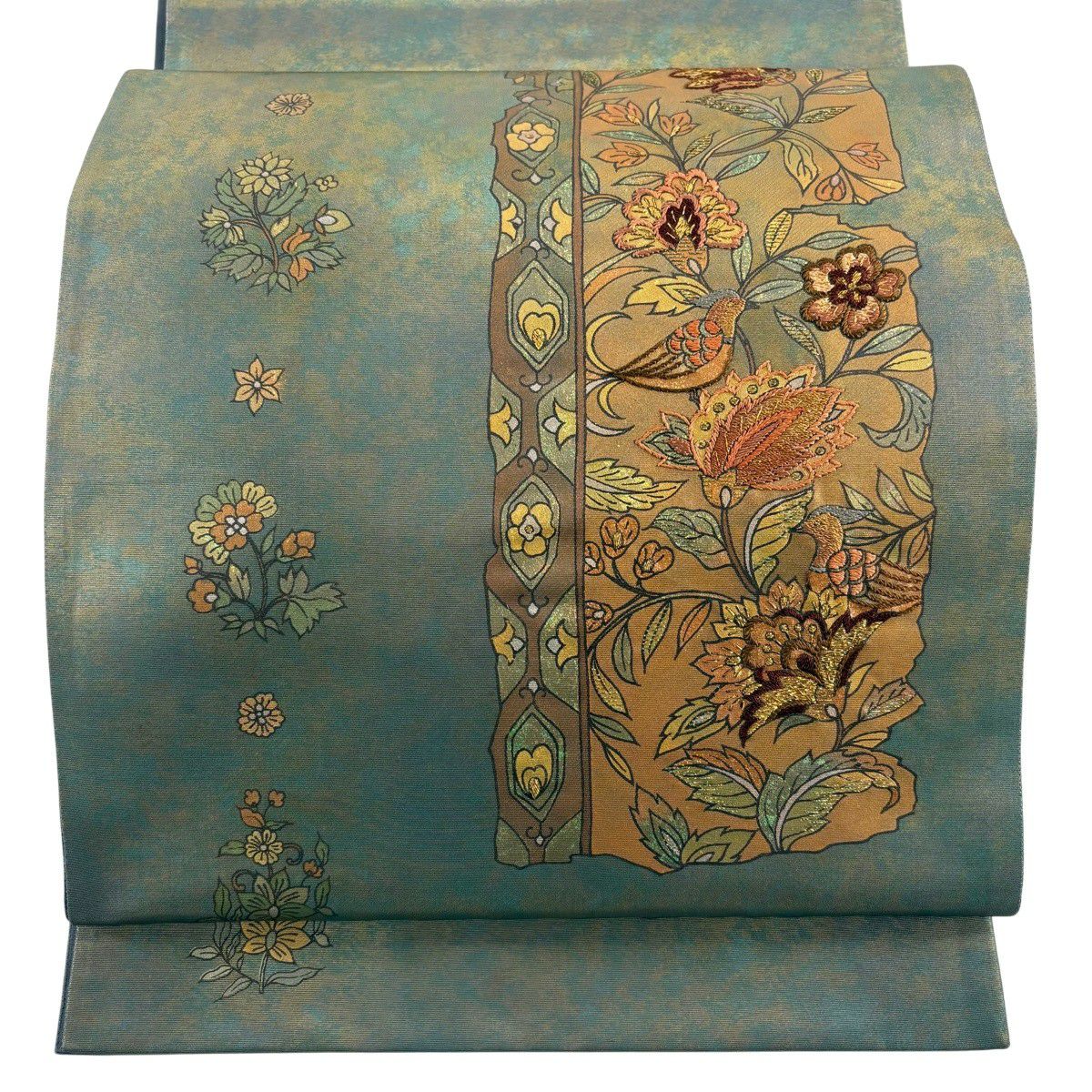 【美品】 袋帶 秀品級 花唐草紋 鳥 刺繡 金金箔 灰綠 六通 純蠶絲
