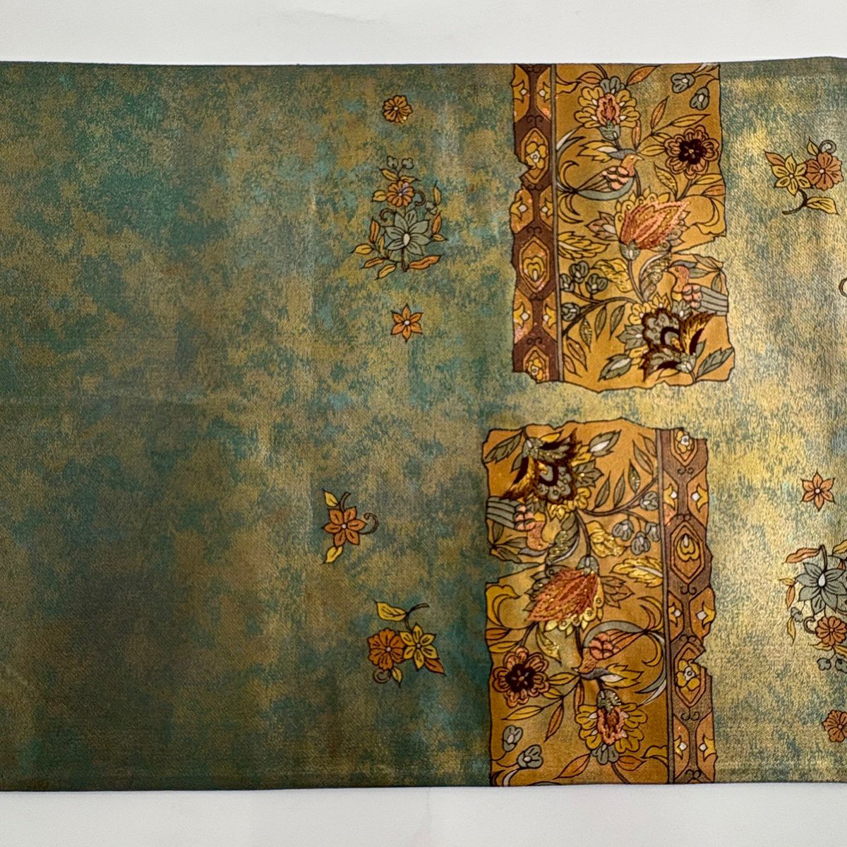 【美品】 袋帶 秀品級 花唐草紋 鳥 刺繡 金金箔 灰綠 六通 純蠶絲