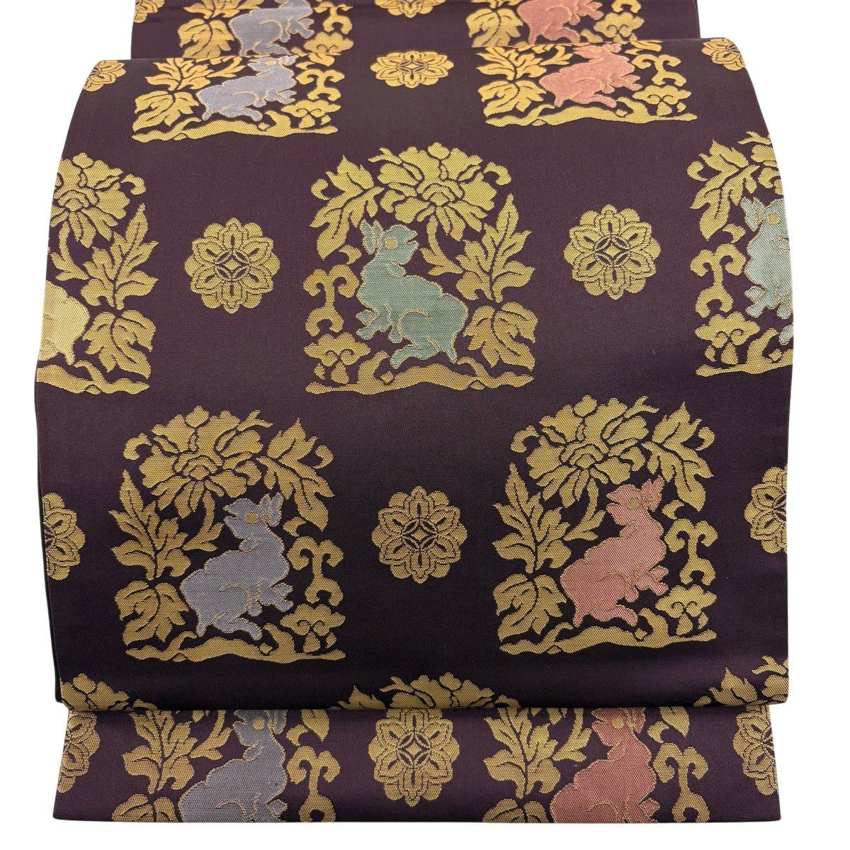 【美品】 袋帶 秀品級 花兔 金金箔 深紫 全通 純蠶絲