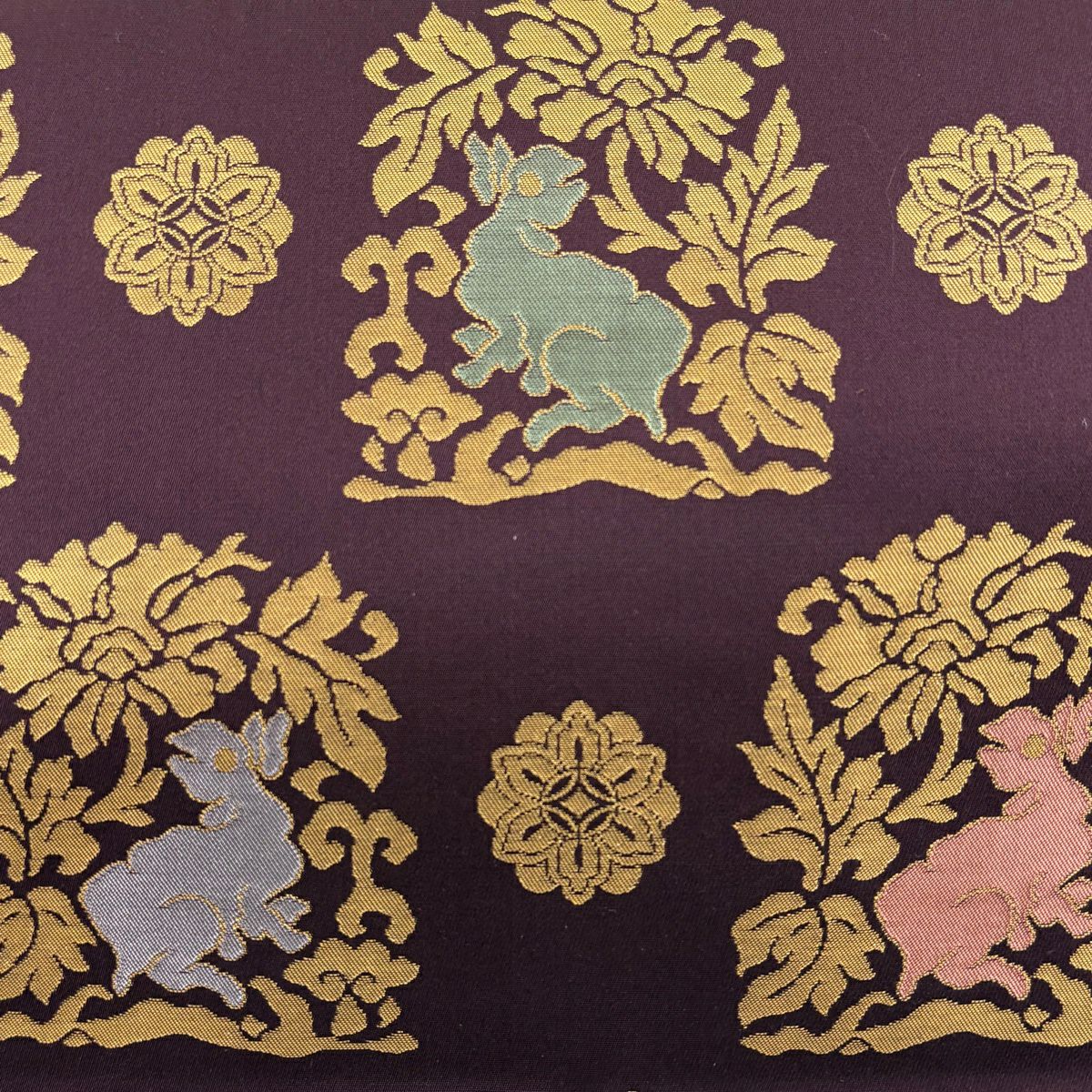 【美品】 袋帶 秀品級 花兔 金金箔 深紫 全通 純蠶絲