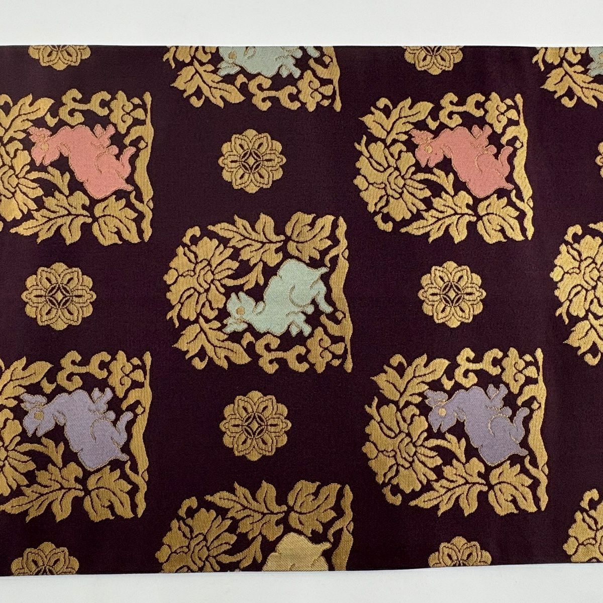 【美品】 袋帶 秀品級 花兔 金金箔 深紫 全通 純蠶絲