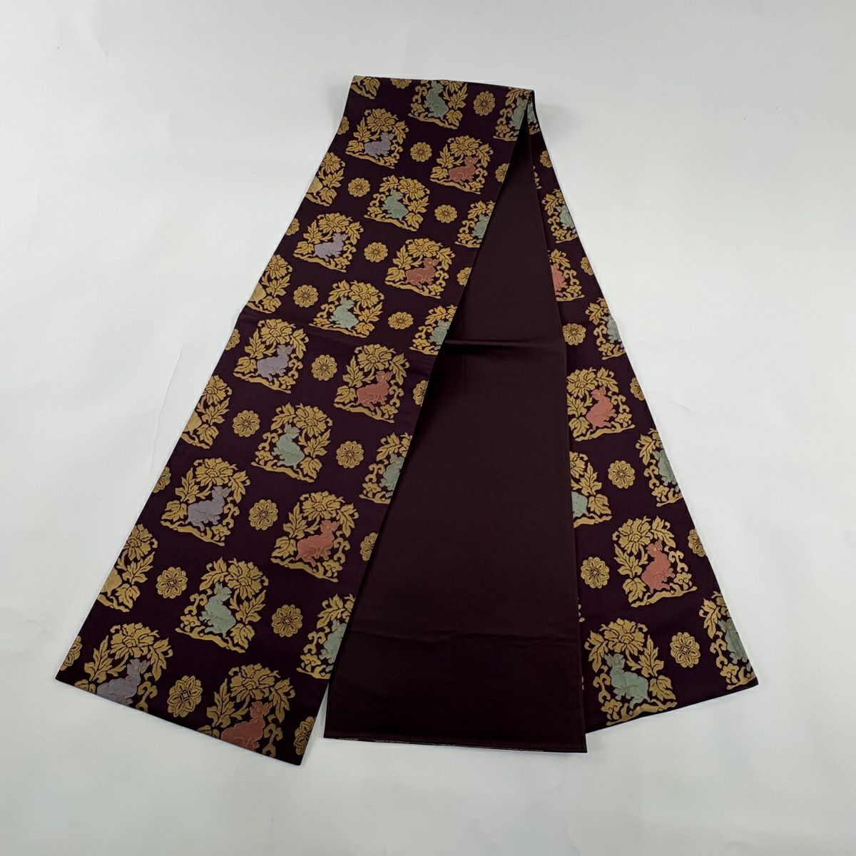 【美品】 袋帶 秀品級 花兔 金金箔 深紫 全通 純蠶絲