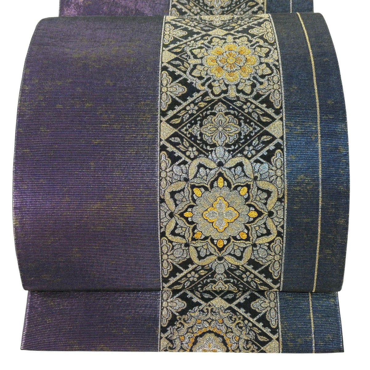 【美品】 袋帶 秀品級 華紋 菱 金銀糸 金金箔 紫 六通 純蠶絲