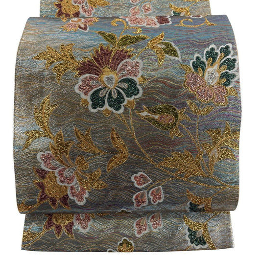 【美品】 袋帶 優品級 振袖禮服禮服用 花唐草紋 斜條紋 金金箔 水藍色 六通 純蠶絲