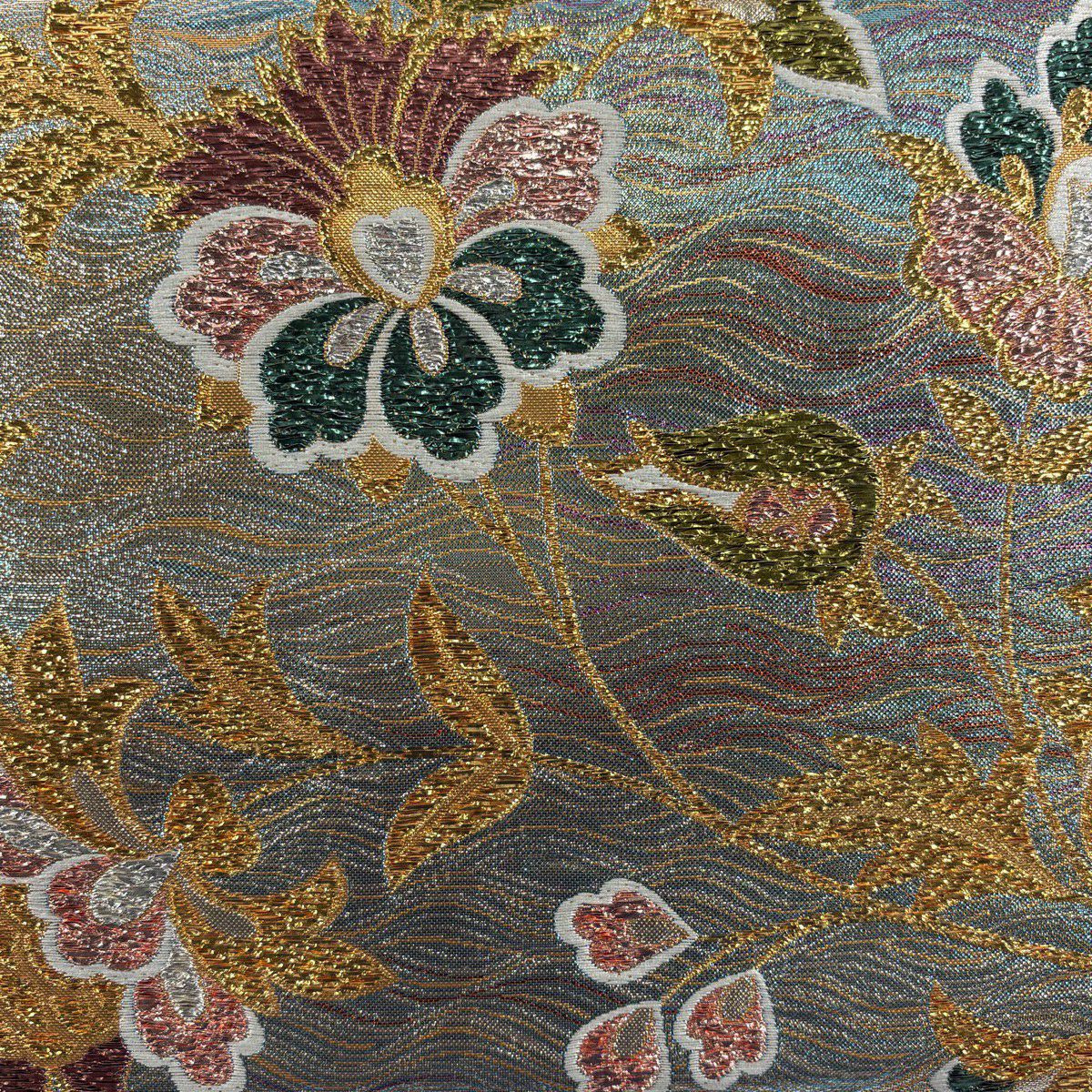 【美品】 袋帶 優品級 振袖禮服禮服用 花唐草紋 斜條紋 金金箔 水藍色 六通 純蠶絲