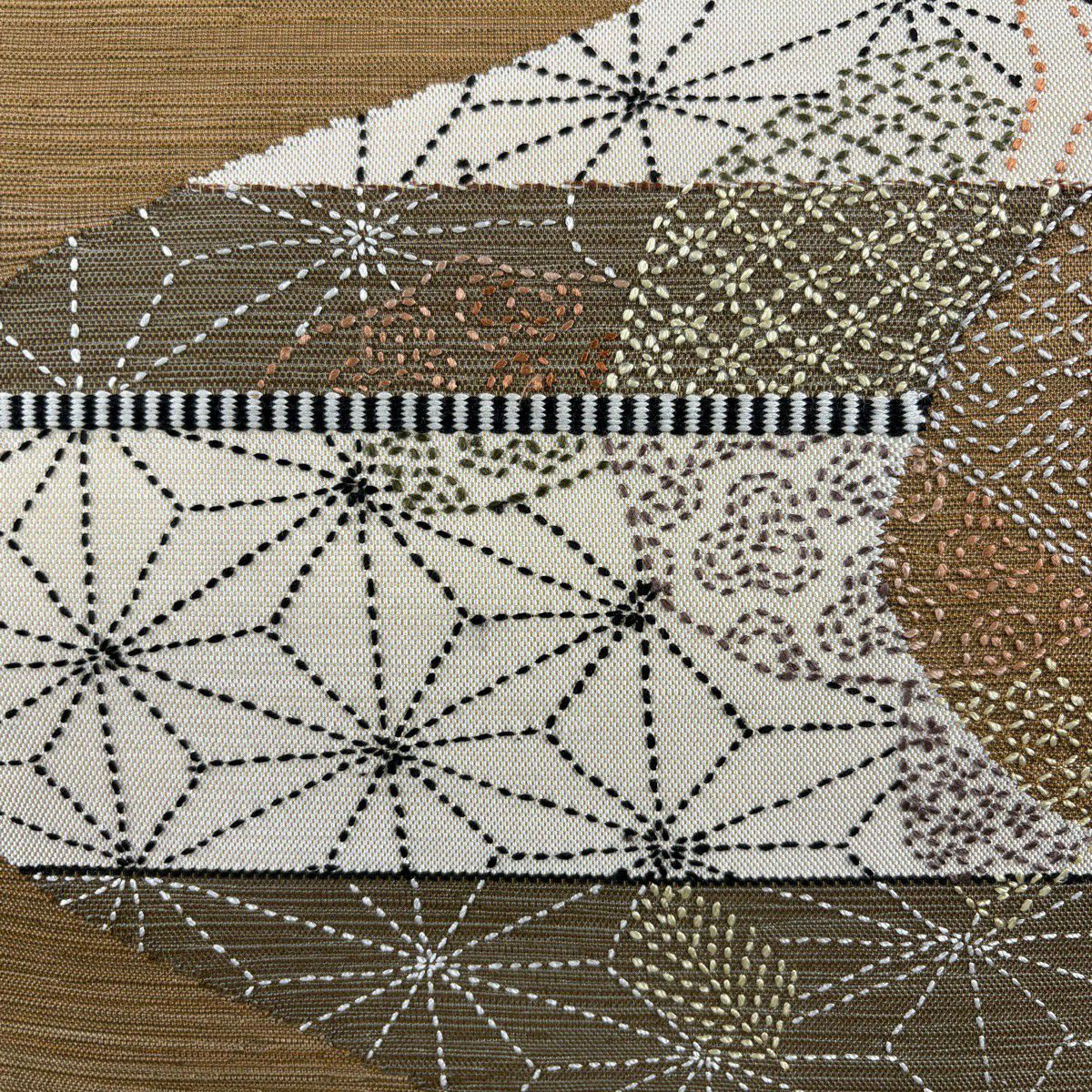 袋帶 秀品級 麻葉 流水 刺繡 茶 お太鼓紋 純蠶絲