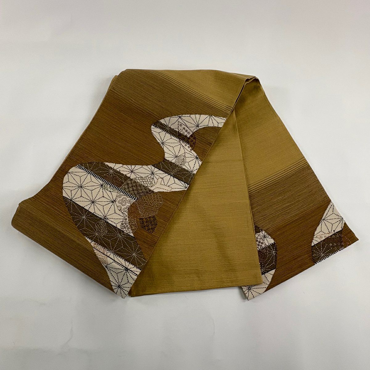 袋帶 秀品級 麻葉 流水 刺繡 茶 お太鼓紋 純蠶絲