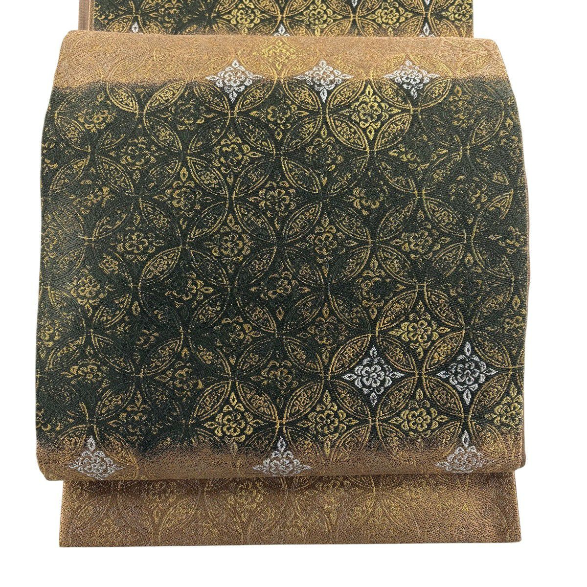 【美品】 袋帶 秀品級 附落款 雪間乃草 七寶紋 花 金銀彩 金金箔 茶綠 六通 純蠶絲