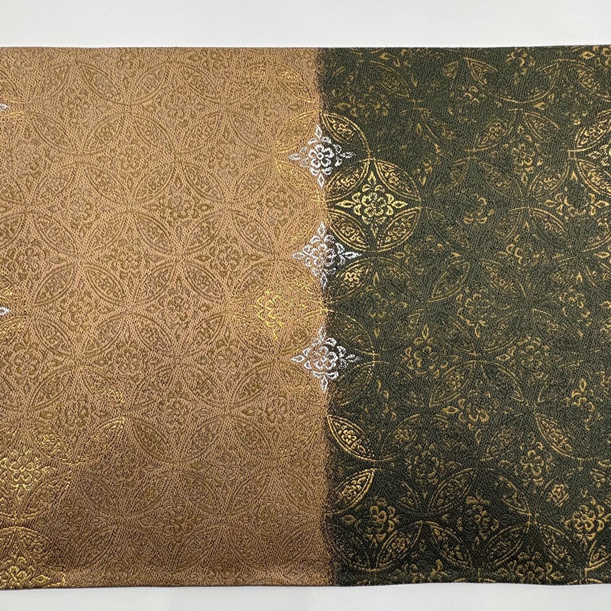 【美品】 袋帶 秀品級 附落款 雪間乃草 七寶紋 花 金銀彩 金金箔 茶綠 六通 純蠶絲