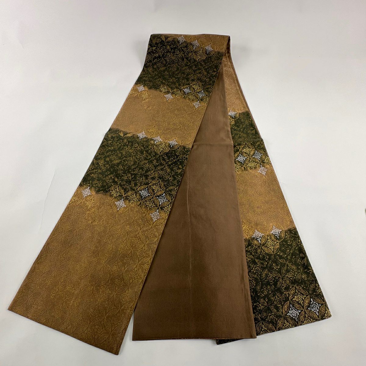 【美品】 袋帶 秀品級 附落款 雪間乃草 七寶紋 花 金銀彩 金金箔 茶綠 六通 純蠶絲