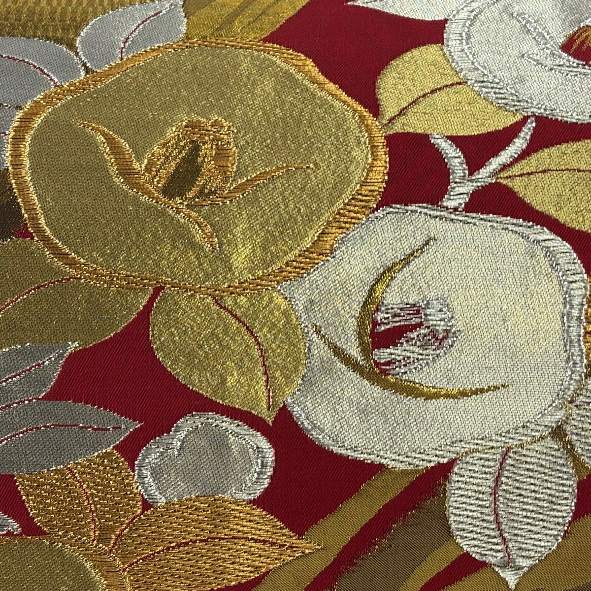【美品】 袋帶 秀品級 振袖禮服禮服用 椿 金銀彩 金金箔 紅 六通 純蠶絲