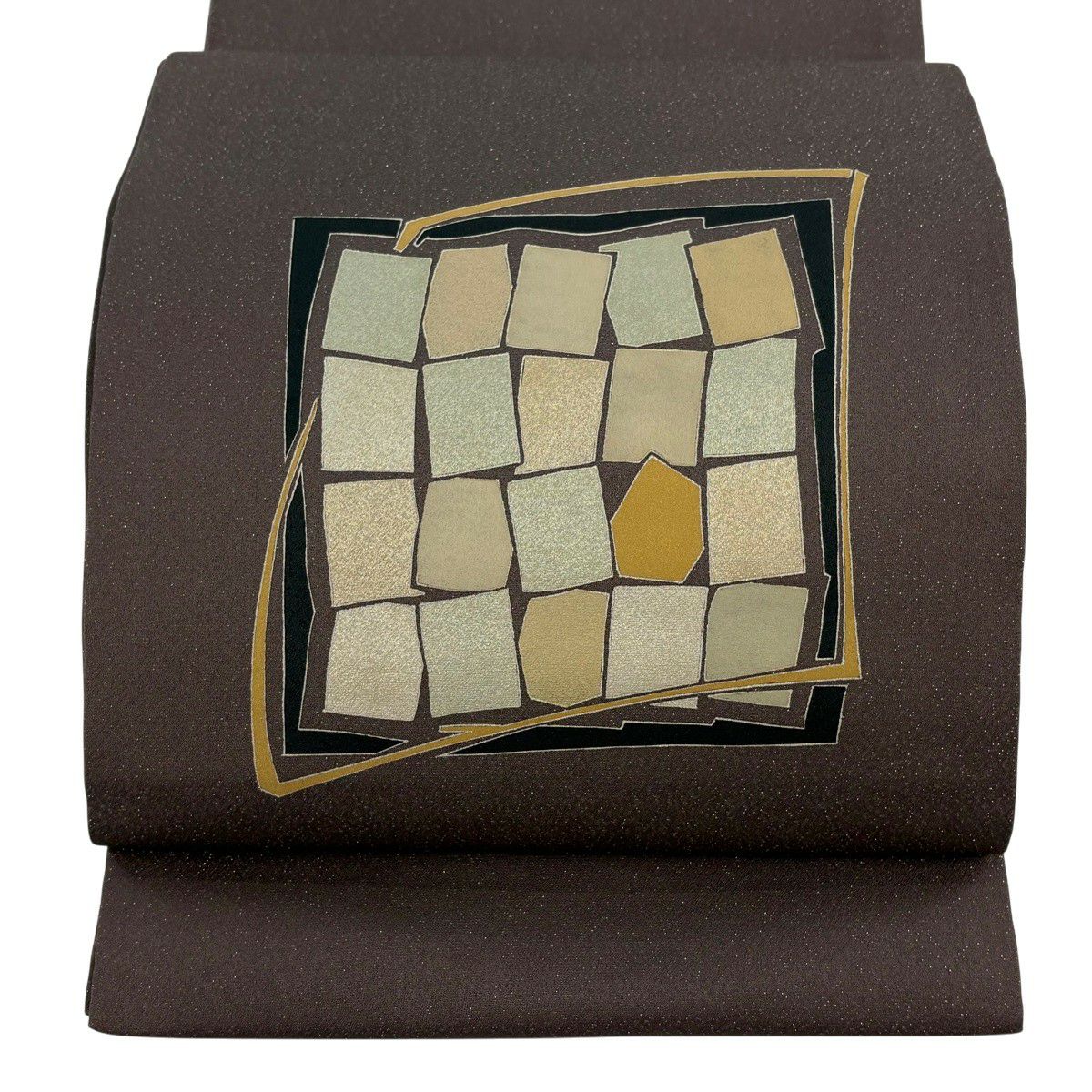 【美品】 開口名古屋帶 秀品級 幾何學 金銀彩 銀線 灰紫 純蠶絲