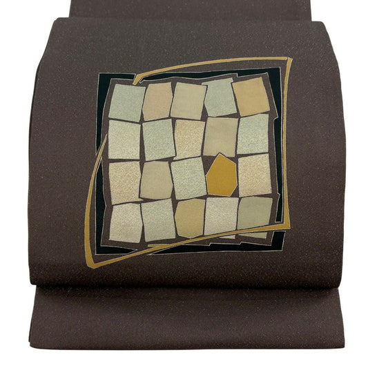 【美品】 開口名古屋帶 秀品級 幾何學 金銀彩 銀線 灰紫 純蠶絲