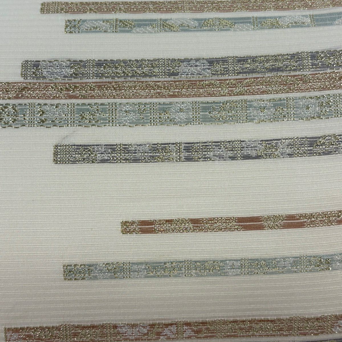 【美品】 袋帶 秀品級 夏帶 絽 縞 幾何學 金絲 奶油 六通 純蠶絲
