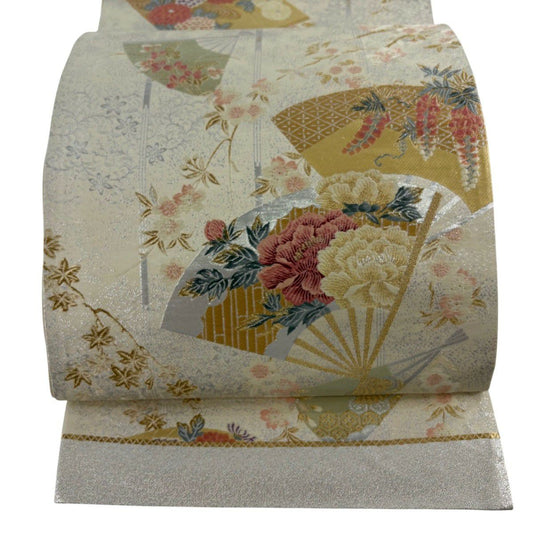 袋帶 秀品級 證書齊全 扇子子 草花紋紋 金金箔 唐織 奶油色 六通 純蠶絲