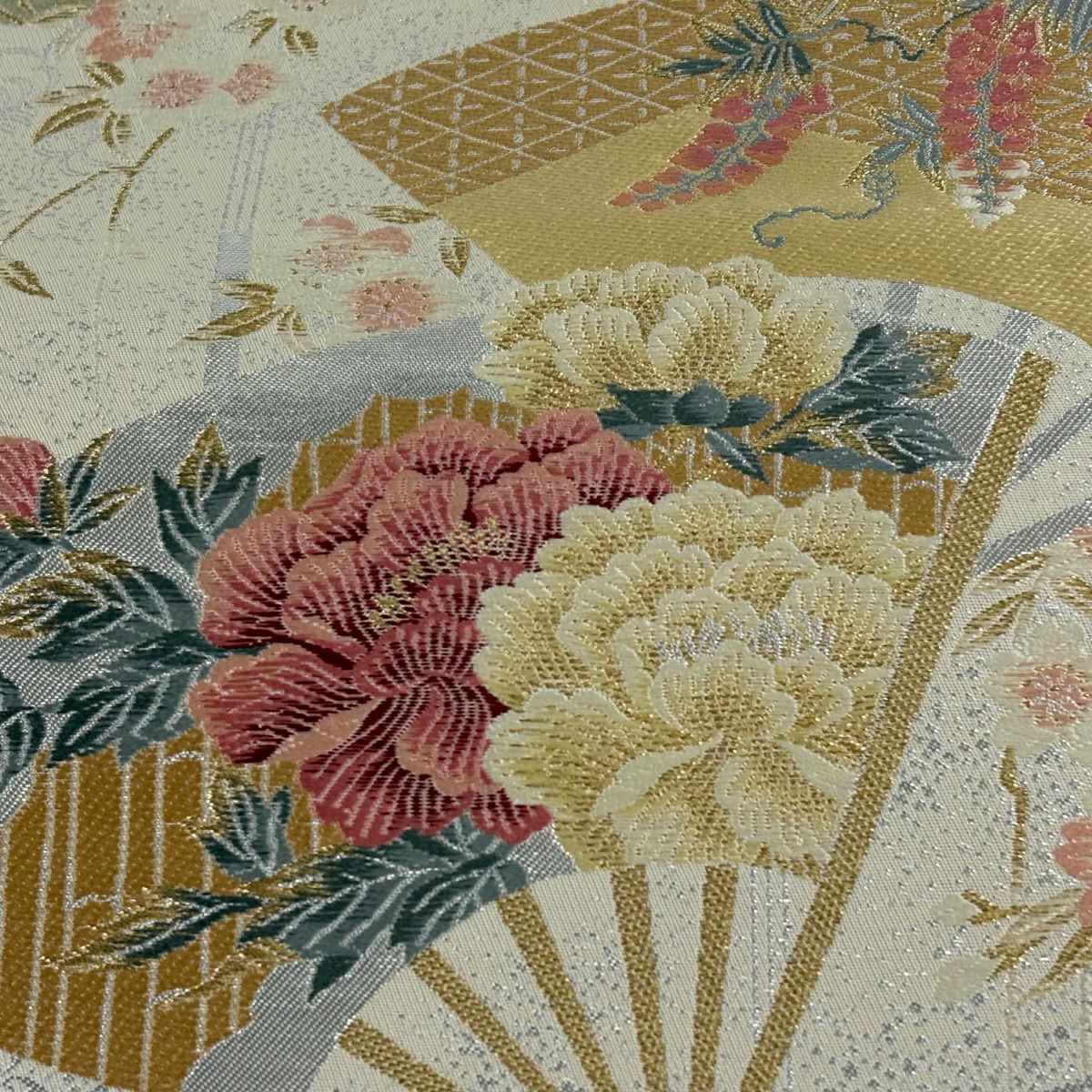 袋帶 秀品級 證書齊全 扇子子 草花紋紋 金金箔 唐織 奶油色 六通 純蠶絲